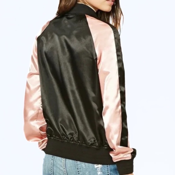 Forever 21 Embroidered Black & Pink Satin Bomber Jacket Size S - Picture 11 of 11